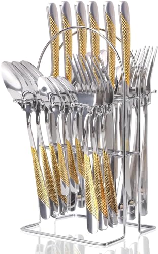 Wekity Vergoldetes Silbergeschirr Set, 24-teiliges Besteck Set mit Halter, Service für 6, Spiegel poliertes Geschirr Set für Wohnküche, Geschirrspüler (Gold Silber) von Wekity