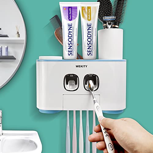 WEKITY Zahnbürstenhalter, Zahnbürstenhalter Wand und Zahnpastaspender Set für Kinder und Erwachsene, 2 Zahnpastaspender Automatisch mit 5 Zahnbürstenschlitze und 4 Tassen,Kein Bohren von Wekity