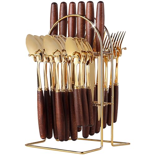 Wekity Besteck Set 6 Personen 24 teilig Edelstahl Essbesteck Set mit Messer Gabel Löffel mit Verdicktem Holzgriff Küchenbesteck Hochwertiges Edelstahl Spülmaschinenfest (golden) von Wekity