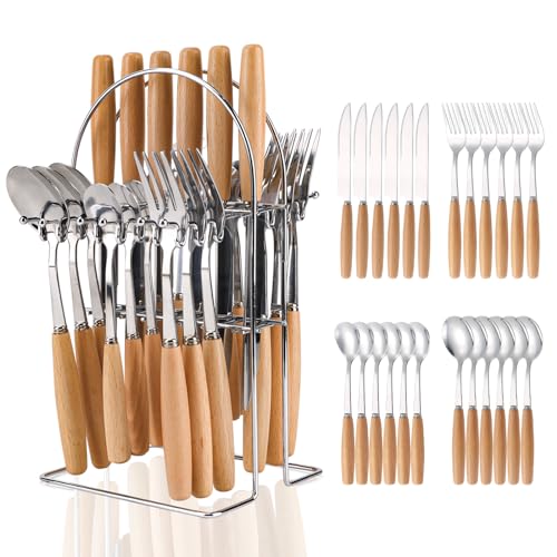 Wekity Besteck Set 6 Personen 24 teiliges Bestecksets Geschirrset Cutlery Set mit Messer Gabel Löffel mit Verdicktem Holzgriff Küchenbesteck Edelstahlbesteck Spülmaschinenfest von Wekity