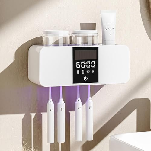 Zahnbürstenhalter UV Sterilisator mit 4 Elektrische Zahnbürstenschlitzen ＆ 2 Zahnputzbecher, Wandmontierter Organizer (Zahnpasta) für Kinder Erwachsene und Badezimmer (Weiß) von Wekity