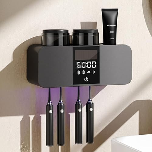 Zahnbürstenhalter UV Sterilisator mit 4 Elektrische Zahnbürstenschlitzen ＆ 2 Zahnputzbecher, Wandmontierter Organizer (Zahnpasta) für Kinder Erwachsene und Badezimmer (Schwarz) von Wekity