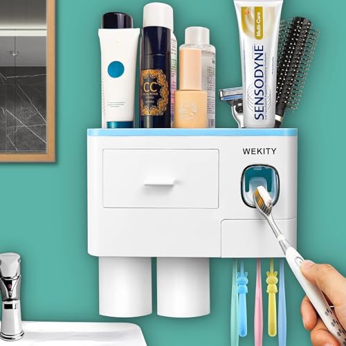 WEKITY Zahnbürstenhalter zur Wandmontage, Badezimmer-Zahnbürstenhalter-Set, automatischer Zahnpastaspender-Set mit Bechern, Zahnbürstenschlitzen und Schubladen, Kosmetik-Organizer (blau) von Wekity