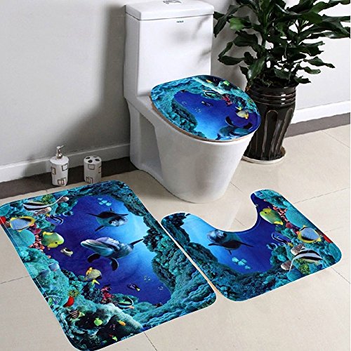3pcs/Set Badezimmer 3D Blauer See Motiv Sockel Teppich + Deckel WC Abdeckung + Badematte von Weksiusa