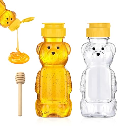 Wekuw 2 Stück Bär Honigspender mit Honiglöffel Sirup Spender Transparent Squeeze mit Klappdeckel Honigglas Marmeladengläser Klein Saucenflasche für Kaffee Oder Tee (350ML) von Wekuw