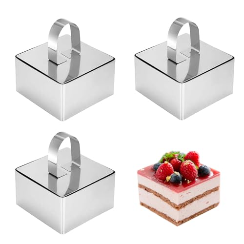 Wekuw 3 Stücke Servierringe (Quadrat) Dessertringe 8cm Tortenring Backringe Kochringe Edelstahl Back Ringe Set Dessertringe und Speiseringe Geeignet zum Backen von Desserts und Mousse-Kuchen von Wekuw