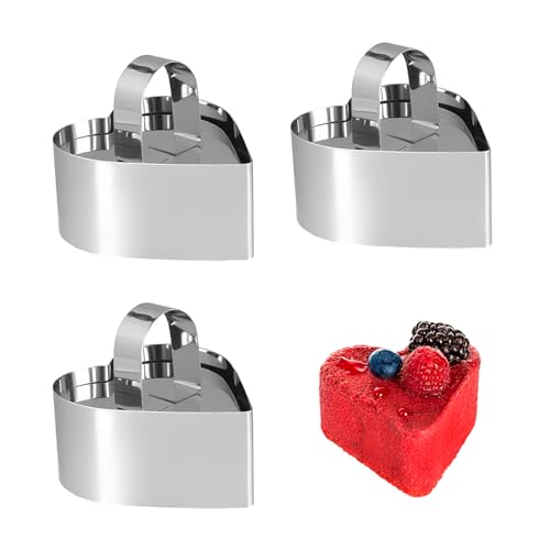 Wekuw Dessertringe und Speiseringe, 3 Stücke Edelstahl Servierringe Backring Lebensmittel Ringe Mousseringe Tortenring Kuchen Schimmel mit Deckel, für Desserts, Kuchen, DIY, Ø 8 cm (Herzform) von Wekuw