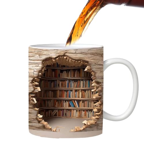 Wekuw 3D Tasse Buch Bücherregal Tassen Büchertasse Bibliotheks Bücherregal Tasse 3D Bookshelf Mug 3D Mehrzweck Bücherregalbecher Geeignet für Büros, Arbeitszimmer, Schlafzimmer (Weiß) von Wekuw