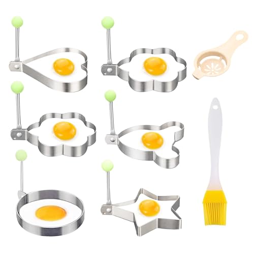 Spiegeleiform Edelstahl Ei Ring, 6 Stück Pancake Form Egg Ring, Spiegeleierformen für die Pfanne, Antihaftbeschichtung, Mit Eiweißabschäumer und Silikonbürste, für Spiegeleier, Sandwiches, Hackbraten von Wekuw