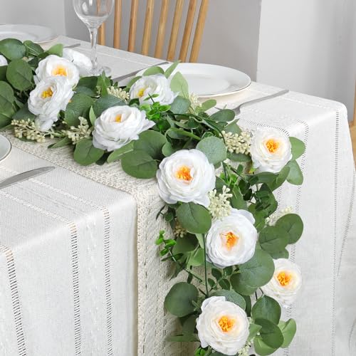 Weldomcor 2 Stück 13FT Künstliche Rosen Girlanden, Künstliche Seidenblume Eukalyptus Blätter Grüngirlande Gefälschte Hängende Blumen Pflanzen für Hotelhochzeit Home Party Garten Handwerk Kunst Dekor von Weldomcor