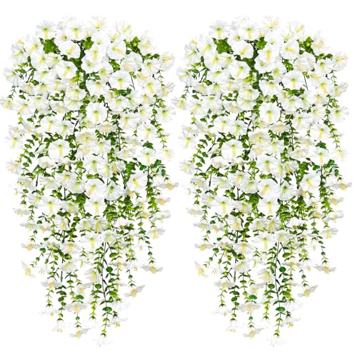 Weldomcor 2 Stück Künstliche Blumen Hängend Kunstblumen mit Eukalyptus Blätter Künstliche Hängeblumen wie Echt Künstlich Hängepflanze für Wand Haus Garten Hochzeit Dekoration, Weiß von Weldomcor