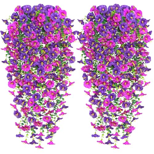Weldomcor 2 Stück Künstliche Blumen Hängend Kunstblumen mit Eukalyptus Blätter Künstliche Hängeblumen wie Echt Künstlich Hängepflanze für Wand Haus Garten Hochzeit Dekoration (Lila Fuchsia, 2 Stück) von Weldomcor