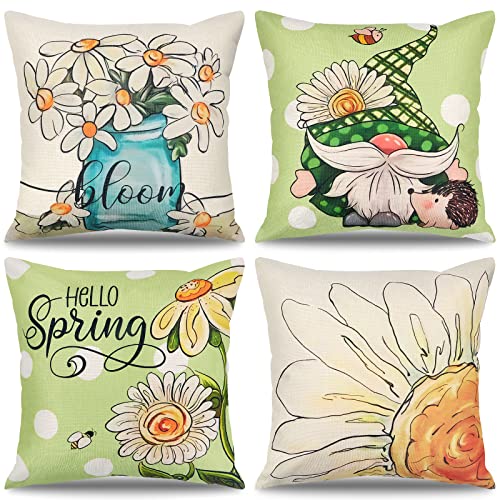 Weldomcor 4 Stück Kissenbezug Deko Kissenhülle Leinen Kissenbezug 45x45 Frühling Sommer Dekorative Kissenhülle Sofakissen Dekokissen Bezug Kissen für Wohnzimmer Schlafzimmer Kissen Deko, Blüte von Weldomcor