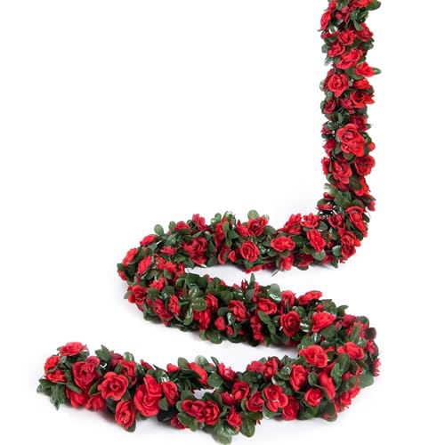Weldomcor 5 Stück Künstliche Rot Girlande 2,45 Meter Blumengirlande Rosen Reben Seidenblumen im Freien Hängend Kunstblumen Deko für Hochzeitsbogen Schlafzimmer Wand Kulisse Garten Dekoration von Weldomcor
