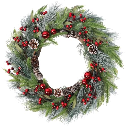 Weldomcor 60CM Weihnachtskranz Türkranz, Groß Weihnachtsgirlande Tannenkranz mit Weihnachtskugeln Kiefernzapfen Beere für Haustür Kamin Wanddekoration von Weldomcor