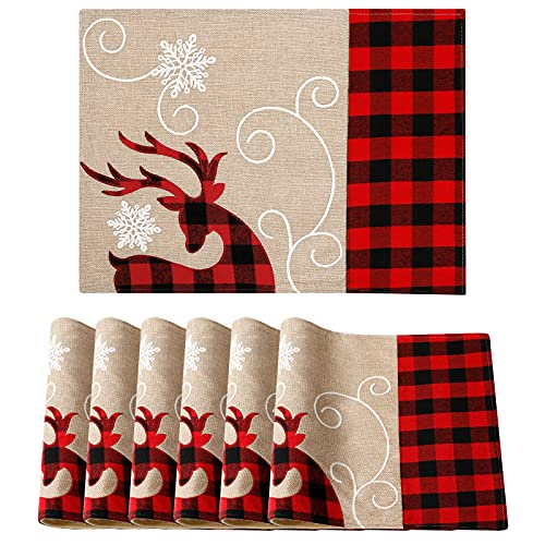 Weldomcor Weihnachten Platzsets 6er Set 33x45cm Baumwoll Sackleinen Büffel Plaid Bestickte Tischsets Hirsch Schneeflocke Urlaub Weihnachten Platzdeckchen Küche Party Deko(Hirsch Schneeflocke) von Weldomcor