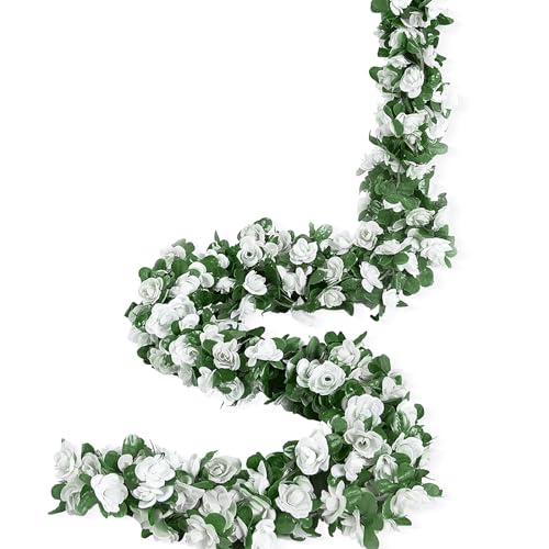 Weldomcor 8 Stück Künstliche Weiß Girlande 2,45 Meter Blumengirlande Rosen Reben Seidenblumen im Freien Hängend Kunstblumen Deko für Hochzeitsbogen Schlafzimmer Wand Kulisse Garten Dekoration von Weldomcor