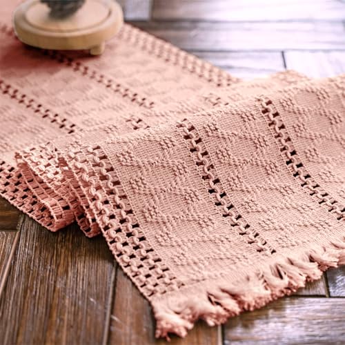 Weldomcor Makramee Tischläufer Rosa Boho Tischläufer mit Quasten Handgewebt Baumwolle Tischläufer Rustikaler Bauernhaus Tischläufer für Böhmische Küche Esstisch 30x120cm von Weldomcor