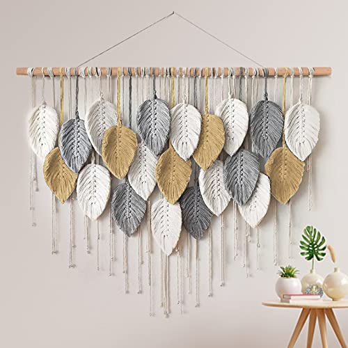 Weldomcor Macramé Wall Hanging Large Tapestry Woven Wall Hanging Boho Macramé Leaf Wall Decoration Feather Chic Woven Art for Bedroom Living Room Decoration, 100cm Yellow von Weldomcor