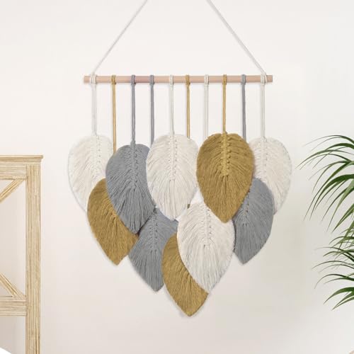 Weldomcor Makramee Wandbehang Tapisserie Boho Deko Makramee Wandteppich mit Grün Blätter Böhmische Gewebte Wanddeko für Room Apartment Schlafzimmer Wohnzimmer Balkon Dekoration 40 * 50 cm (Gelb) von Weldomcor