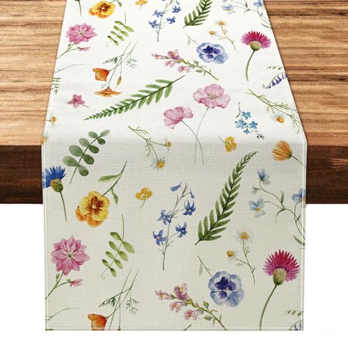 Weldomcor Tischdecke Frühling Sommer Dekorativer Tischläufer Waschbare Pflanzen Blumen Tischläufer Vintage für Esszimmer Küche Bauernhaus Hochzeit Geburtstag Party Urlaub Dekor 32x183cm von Weldomcor