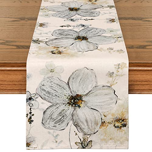 Weldomcor Tischläufer Beige Blume 32x180cm Waschbare Tischdecke Floral Pflanzen Tischläufer Sommer Dekorativer Tischläufer Modern für Esszimmer Küche Bauernhaus Hochzeit Geburtstag Draussen von Weldomcor