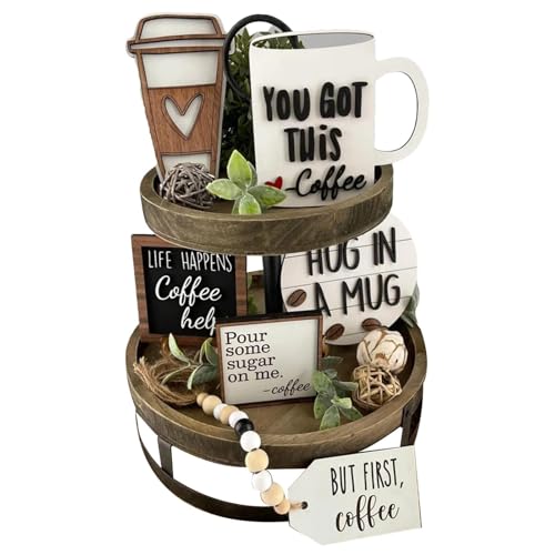 Kaffee Organizer Holztablett Servierständer 2 Schicht holzen Kuchenständer Kaffeebar Zubehör Organizer Servierplatte Zum Anrichten Von Speisen Rund Dekotablett Für Küche Tisch von Weldphur
