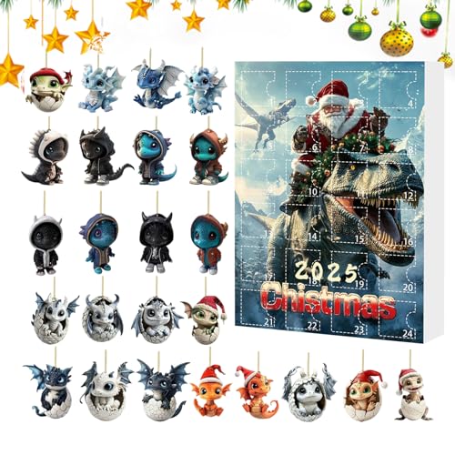 Weldphur 24 Days of Christmas Advent - Rückspiegel 2D Acryl Drache Baby Ornamente 24 Tage Advent,2025 Weihnachten Countdown Kalender für Kinder Erwachsene Tieranhänger für Baum Auto Rückspiegel von Weldphur