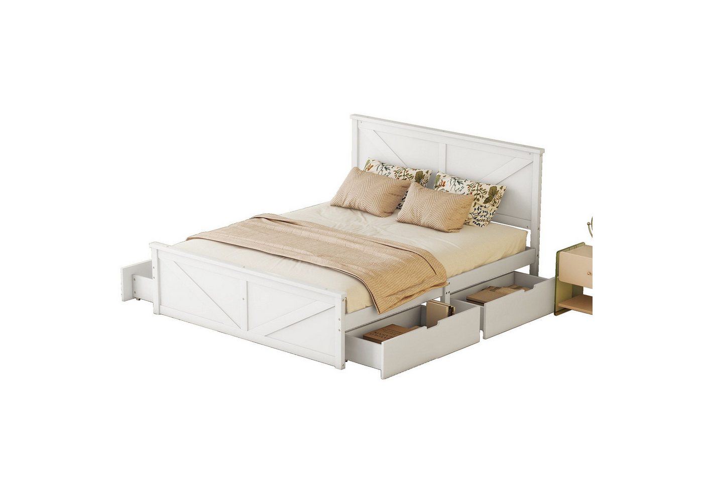 Welikera Bett 160x200cm Einfaches Holzpritschenbett mit vier Schubladen,Grau/Weiss, Holzbett,Bett,Stauraumbett,Palettenbett von Welikera