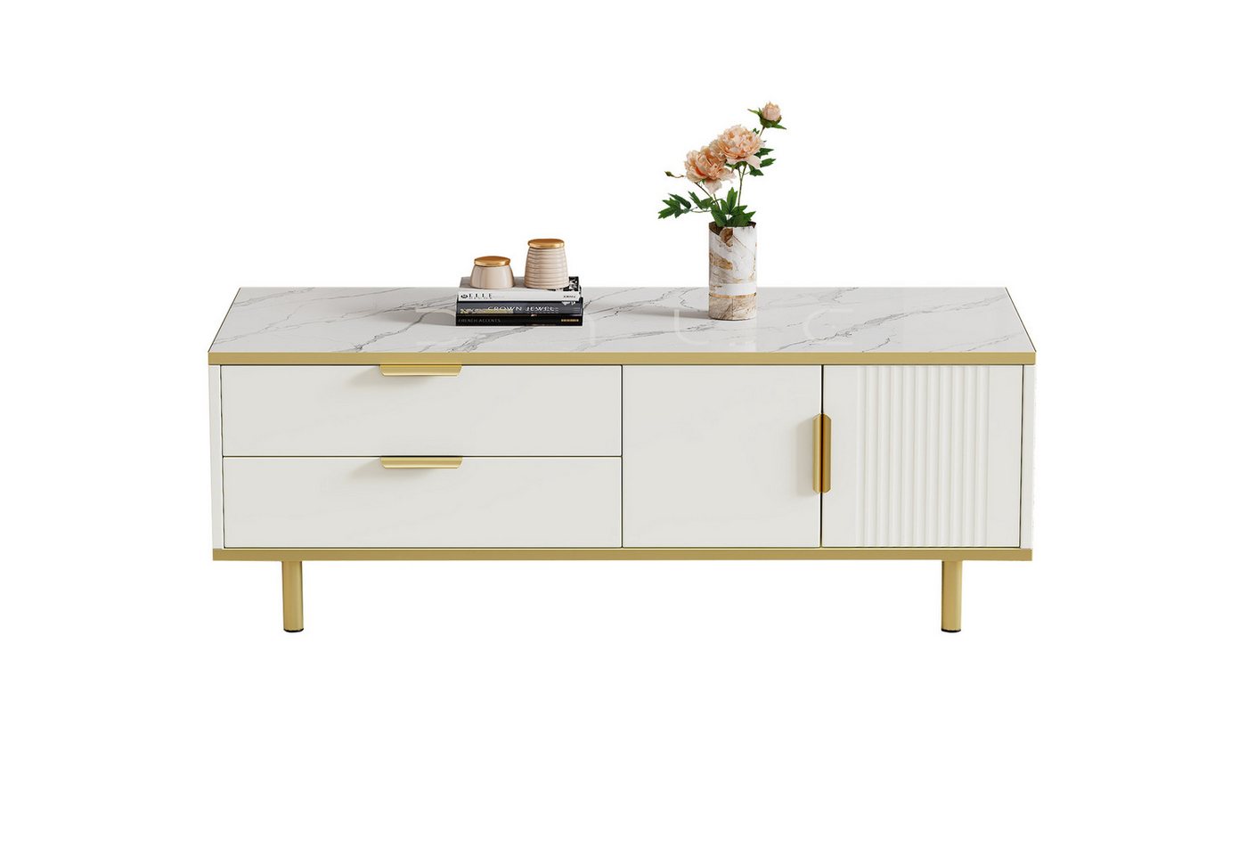 Welikera Couchtisch Couchtisch,Luxuriöser Geriffelter Kaffetisch mit Schublade, Sofatisch,Wohnzimmertisch,Kaffeetisch,Tischplatte mit Marmormuster von Welikera