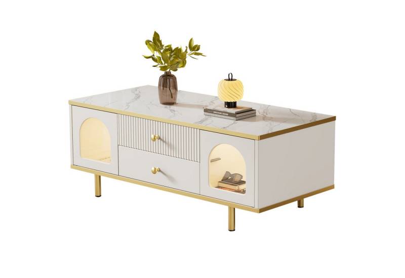 Welikera Couchtisch Couchtisch,Luxuriöser Geriffelter Kaffetisch mit Schublade,LED-Licht, Sofatisch,Wohnzimmertisch,Kaffeetisch,Tischplatte mit Marmormuster von Welikera