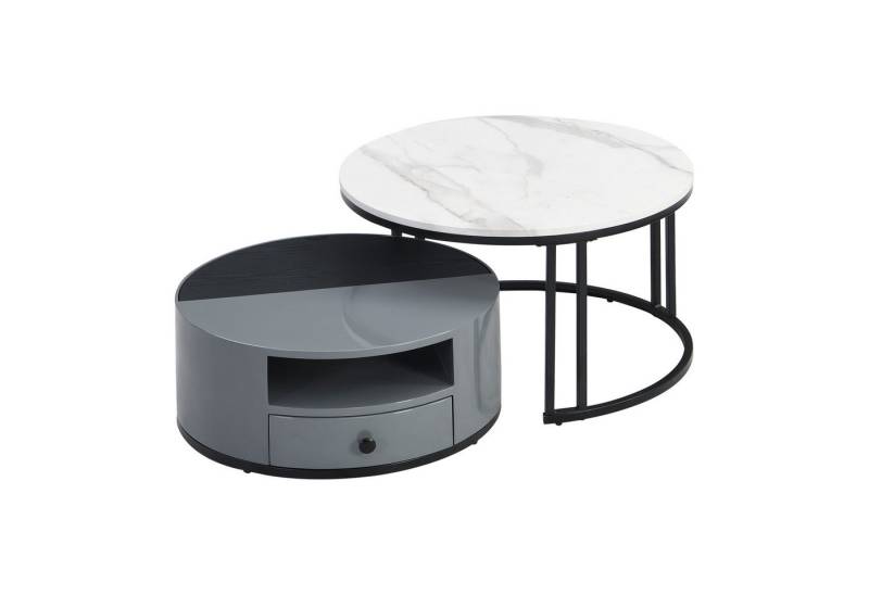 Welikera Couchtisch Zweiteiliger Nesting Couchtisch,PVC-Marmor-Look und Aufbewahrung, Hochglanzfässer,Kaffetisch,Coffee Table,Rund Ø70cm von Welikera