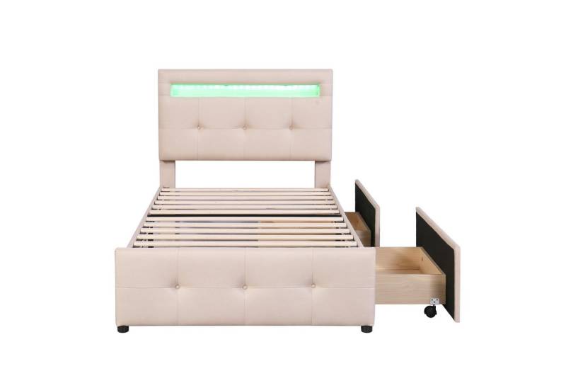 DOPWii Einzelbett Polsterbett 90*200cm mit LED-Leuchten,2 Schubladen,Gästebett, Hautfreundlicher Leinenpolsterung flach Kinderbett,Grau/Beige/Rosa von DOPWii