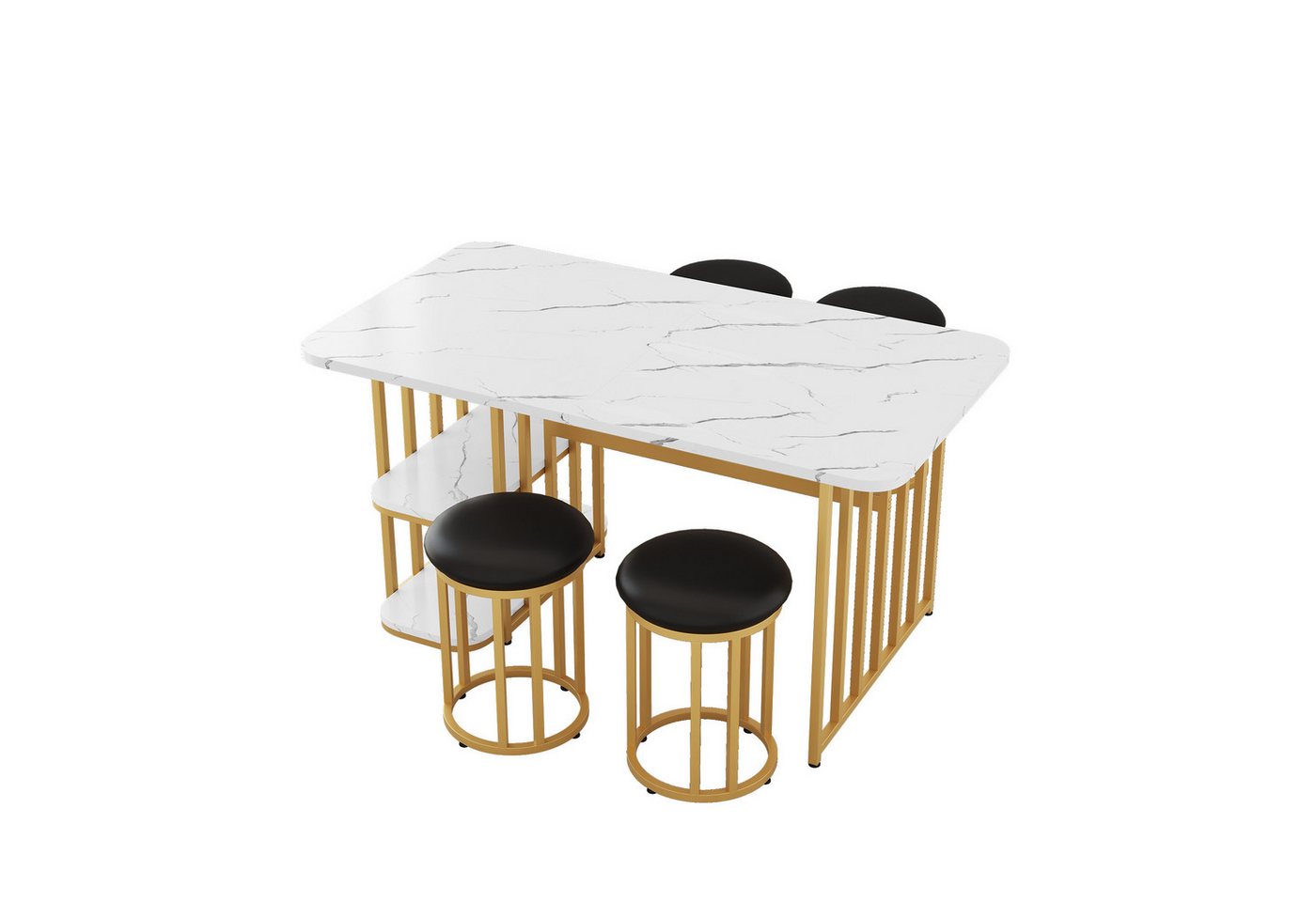 Welikera Esstisch Esstisch Set mit 4 Stühlen,Küchentisch mit Stahlgestell,140*80*75cm, Rechteckiger Esstisch,Esszimmerstühle,mit Stauraum,Weiß+Gold von Welikera