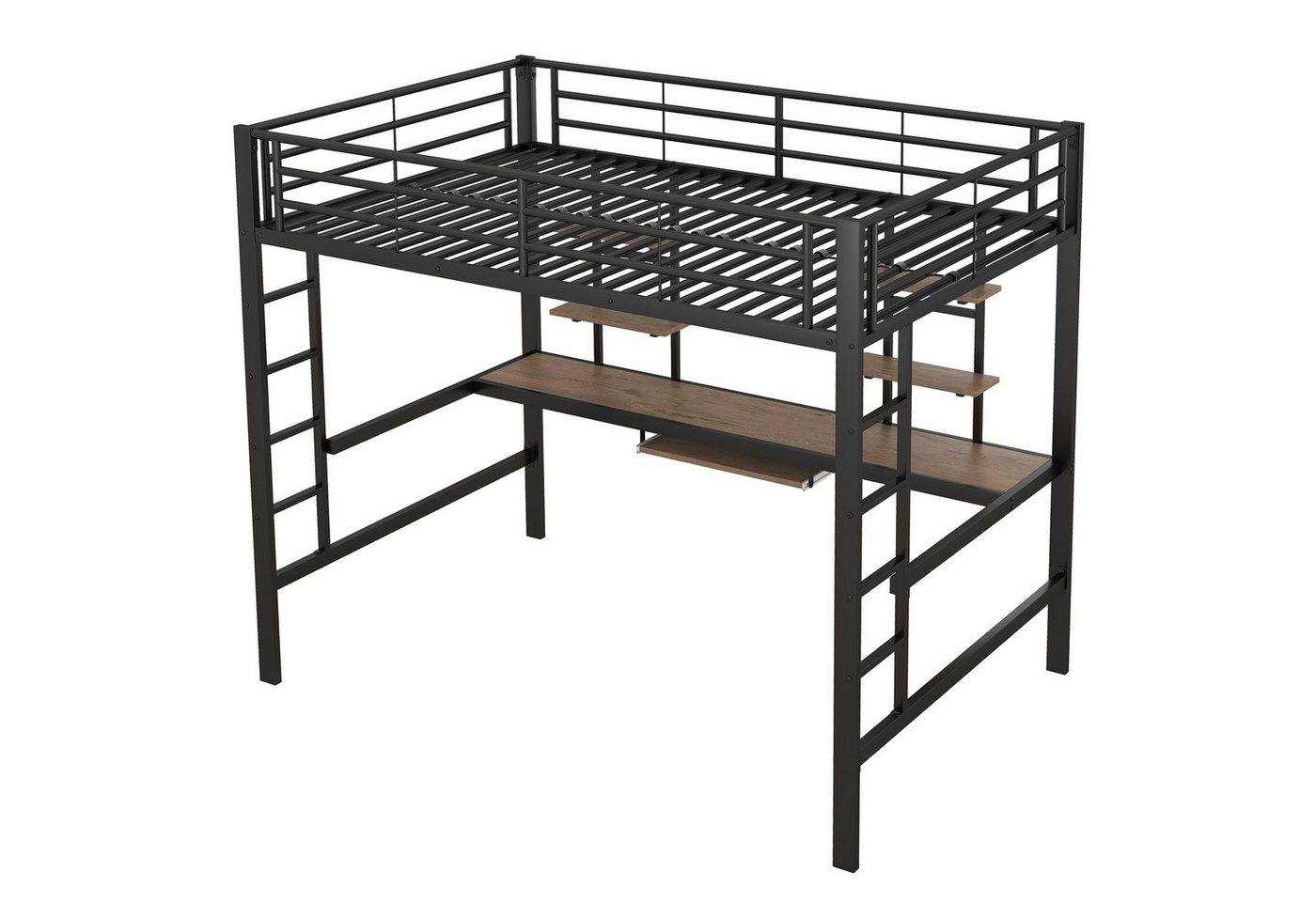 Welikera Etagenbett 140x200cm Bettgestell Metallbett,Eisenbett,Hochbett mit Schreibtisch, 2 Bücherregalen,Jugendbett,Kinderbett,schwarz von Welikera