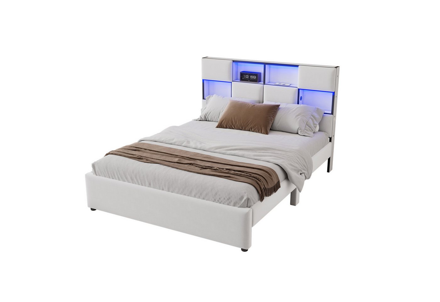 Welikera Palettenbett 140*200cm Flachbett mit Verstellbares Umgebungslicht,USB-Anschluss,Mehrere Ablagefächer an der Seite des Bettes,Beige von Welikera