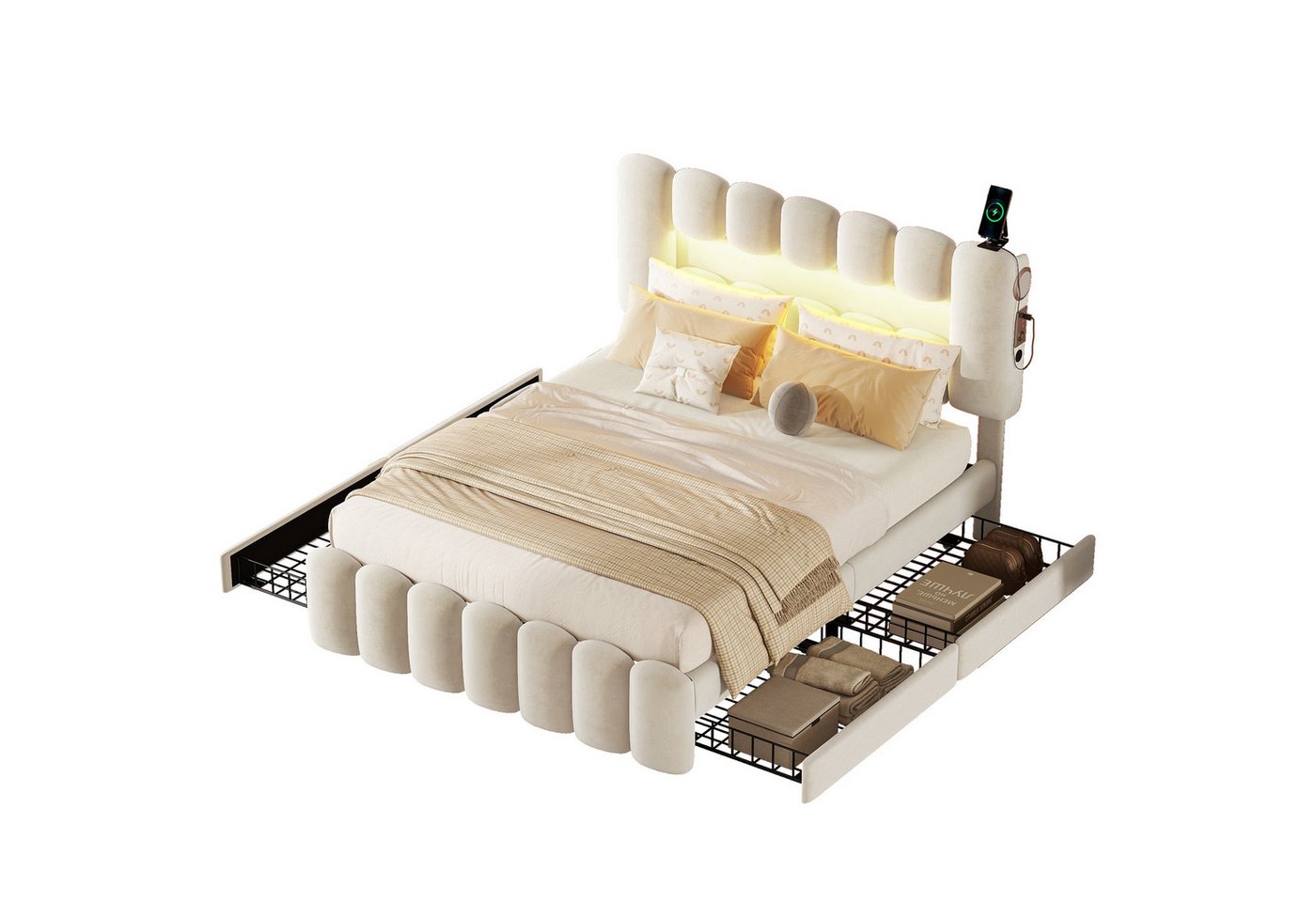 Welikera Polsterbett 140x200cm Polsterbett mit 4 Schubladen,LED-Lichtleiste,Dimmbar,mit USB und Stereoanlage,Polsterbet Bett,Grau/Beige von Welikera