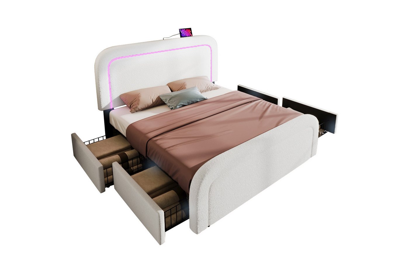 Welikera Polsterbett 160x200cm Doppelbett mit Typ C Ladefunktion,Beleuchtung,4 Schubladen, Höhenverstellbarem Kopfteil,Lattenrost aus Holz,Ohne Matratze von Welikera