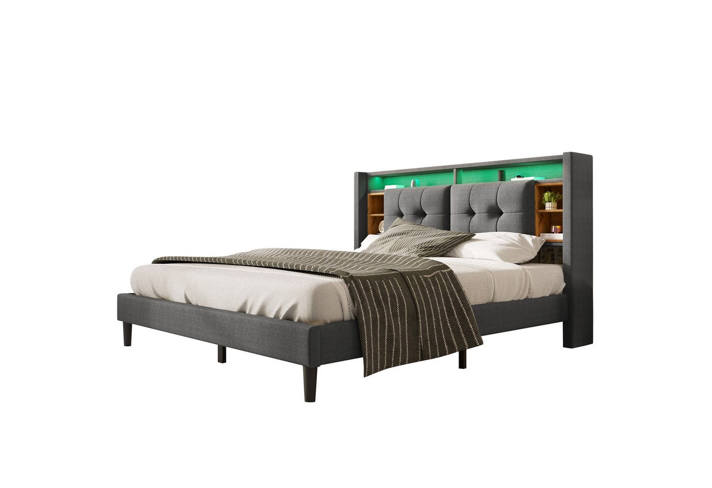 Welikera Polsterbett Doppelbett Stauraum-Kopfteil Bett mit aufladen USB,LED-Beleuchtung, Bettgestell Lattenrost aus Holz,140/160×200CM,Ohne Matratze von Welikera