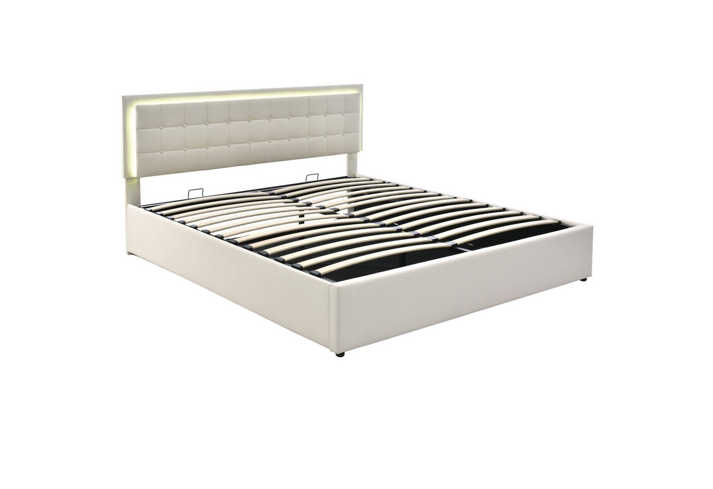 Welikera Polsterbett Doppelbett mit Lattenrost,Stauraum,LED-Beleuchtungsleiste Bettgestell, 140/160/180x200cm,Stauraumbett,Funktionsbett Bezug aus Kunstleder von Welikera