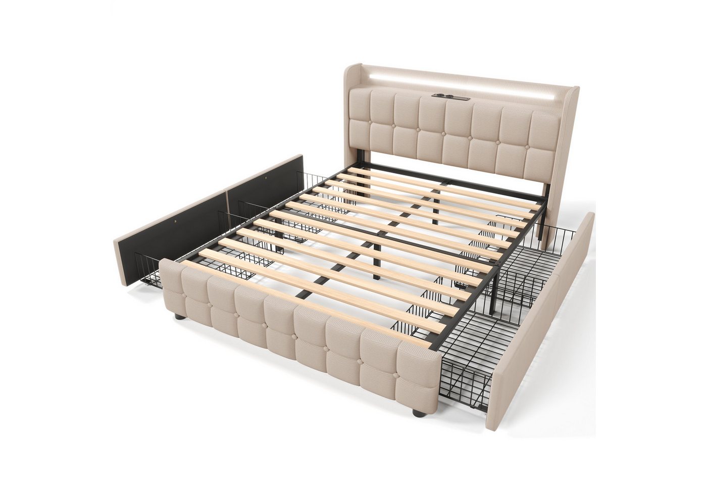 Welikera Polsterbett Doppelbett mit USB Ladefunktion Kopfteil,LED-Beleuchtung,4 Schubladen, 140x200cm Stauraumbett Bettgestell,Lattenrost aus Holz,Ohne Matratze von Welikera