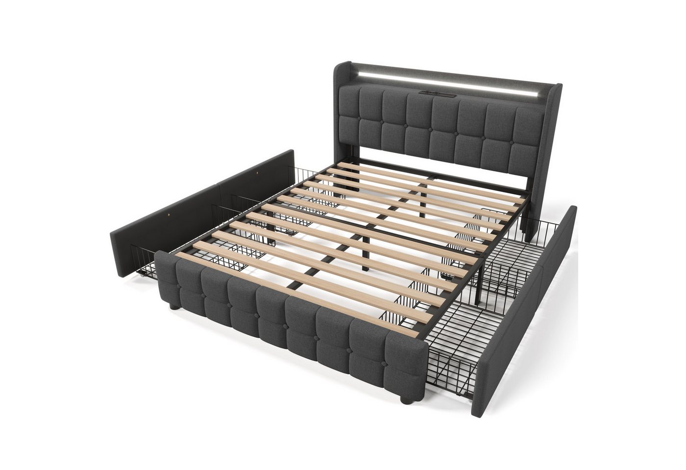 Welikera Polsterbett Doppelbett mit USB Ladefunktion Kopfteil,LED-Beleuchtung,4 Schubladen, 180x200cm Stauraumbett Bettgestell,Lattenrost aus Holz,Ohne Matratze von Welikera