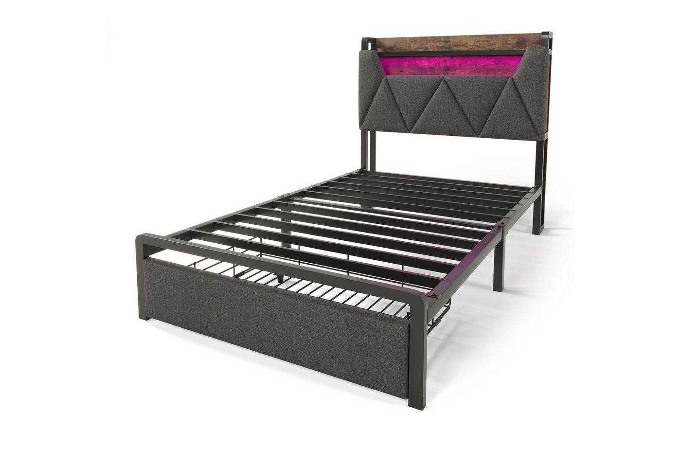 Welikera Polsterbett Einzelbett mit USB Typ C Ladefunktion,LED-Beleuchtung,Schubladen, 90x200cm Stauraumbett mit Lattenrost aus Metallrahmen,Ohne Matratze von Welikera