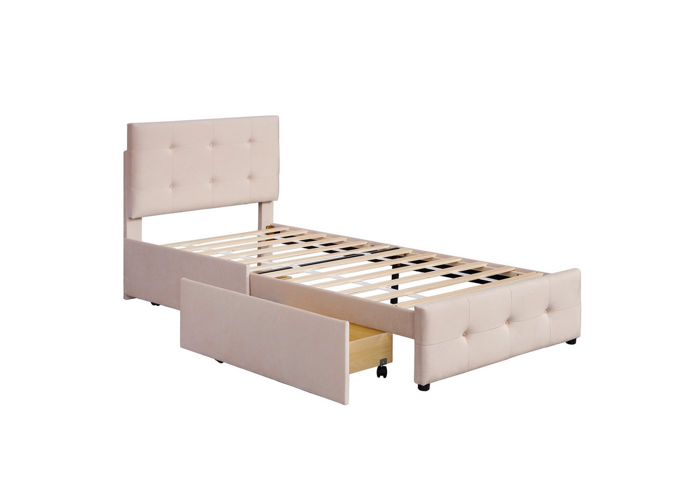 Welikera Polsterbett Polsterbett 90x200cm Bett mit Lattenrost,Rückenlehne,2 Schubladen, Hautfreundlicher Samtstoff Flaches Kinderbett,Gästebett,Ohne Matratze von Welikera
