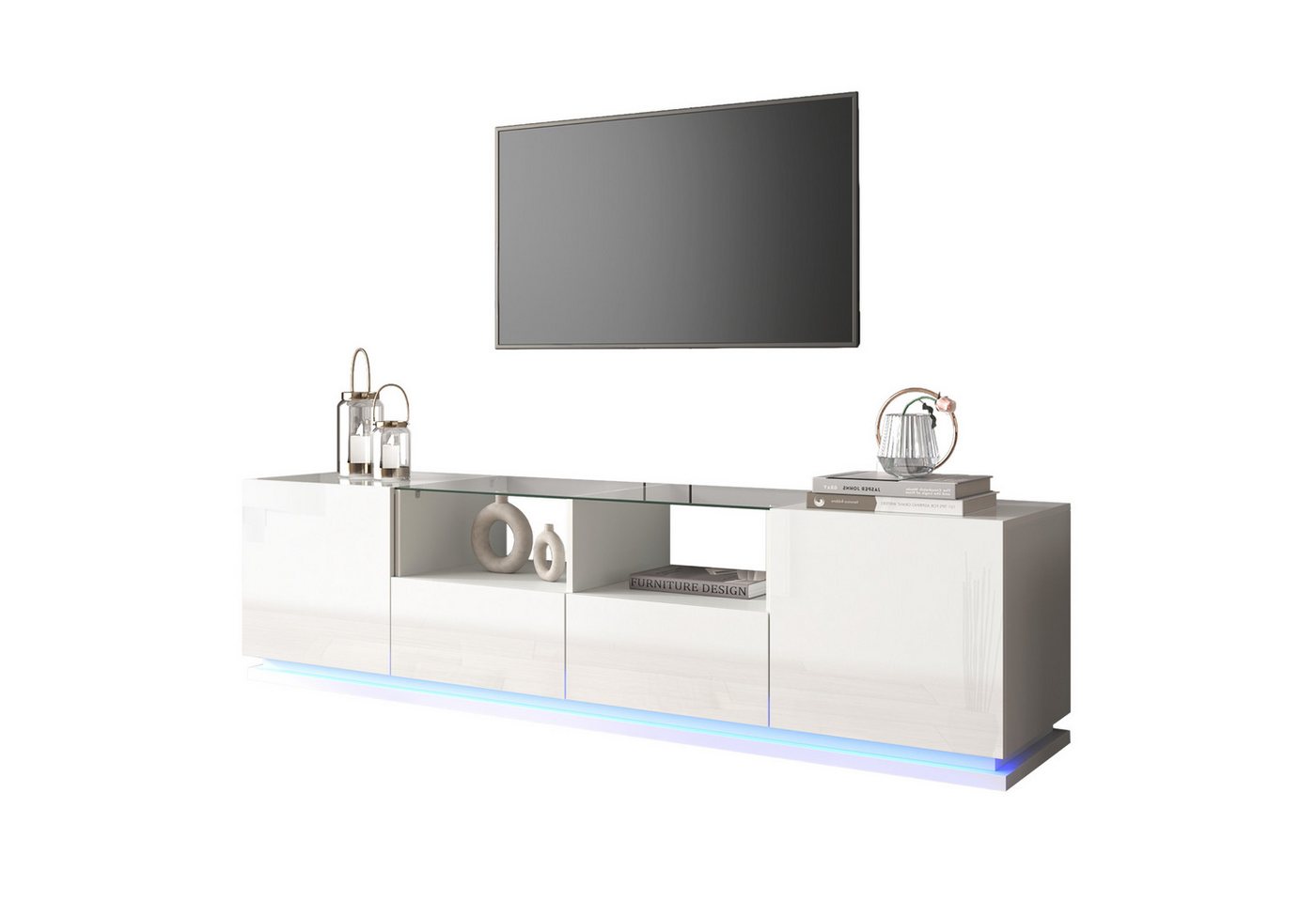 Welikera TV-Schrank Hochglänzender TV-Schrank mit Glasböden,zwei Schubladen und zwei Türen Lowboard mit mehrfarbigen LED-Lichteffekten von Welikera