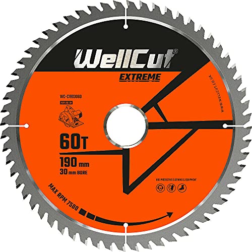 WellCut TCT Extreme Kreissägeblatt, 190mm x 30mm Bohrung, Sägeblatt, Holz mit Nägeln, Laminat, Kunststoff geeignet für HS7601J, GKS65 (60 Zähne blatt, 1) von WELLCUT