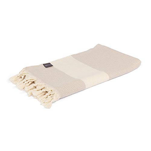 WellTouch Hamamtuch Pestemal Tuch in Sand/Natur mit Diamantmuster und Fransen, aus 100% Baumwolle, Maße 100 x 175 cm, Strandtuch, Yoga, Mediationstuch von WellTouch