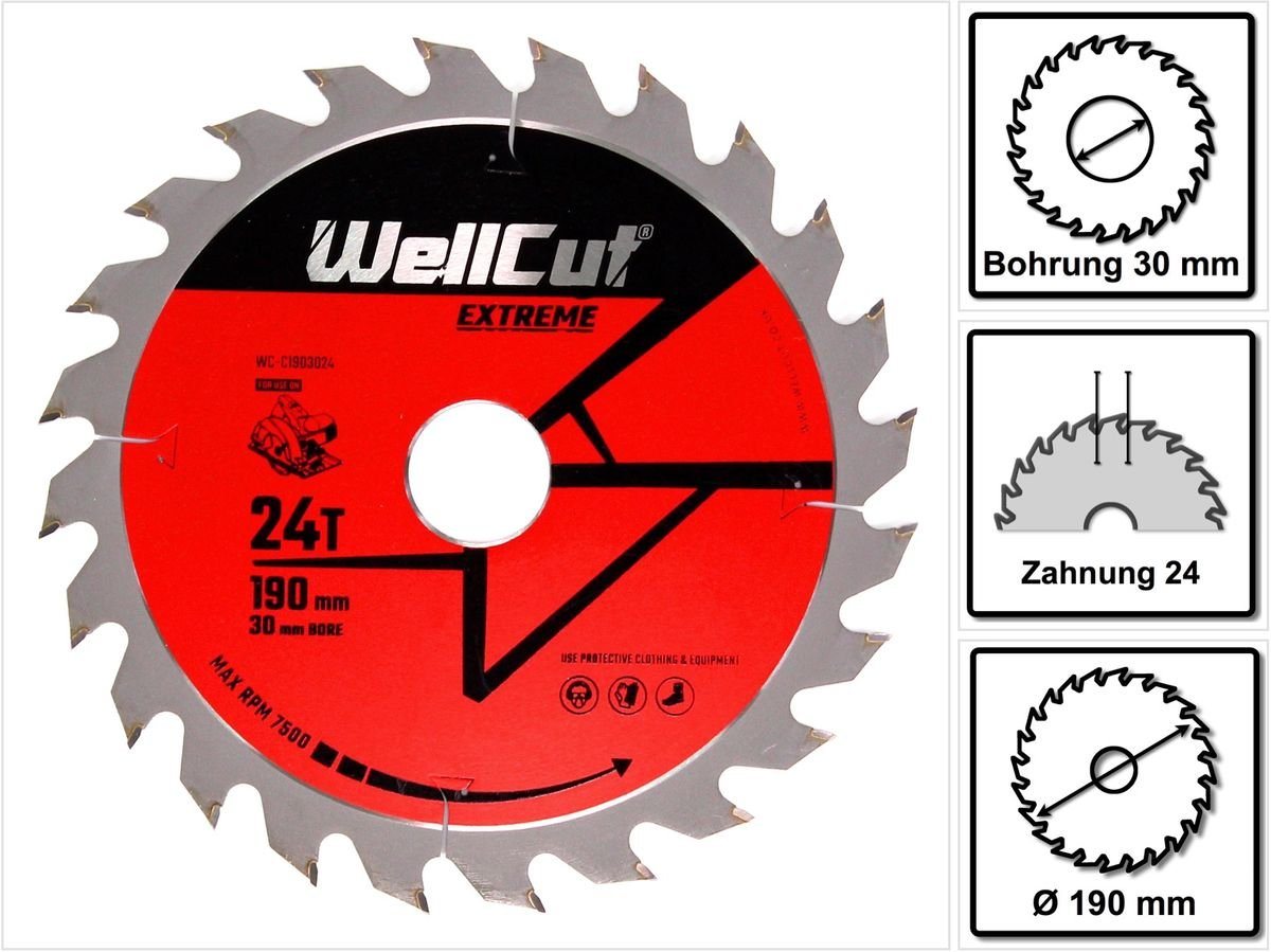 Wellcut Kreissägeblatt Kreissägeblatt WC-C1903024 TCT 190 x 2,4 x 30 mm 24 Zähne für Holz von Wellcut