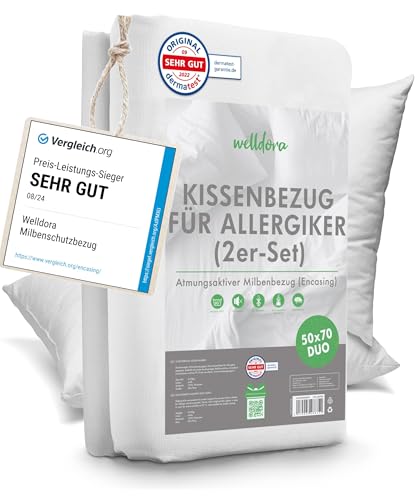 Welldora ǀ 2er-Set Milbenbezug Kissen 50x70 ǀ Allergiker Kissenbezug fachärztlich getestet ǀ Premium Encasing mit Reissverschluss ǀ Allergiker Bettwäsche von Welldora