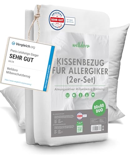 Welldora ǀ 2er-Set Milbenbezug Kissen 80x80 ǀ Allergiker Kissenbezug fachärztlich getestet ǀ Premium Encasing 80x80 cm gegen Milben & Bettwanzen ǀ Allergiker Bettwäsche von Welldora